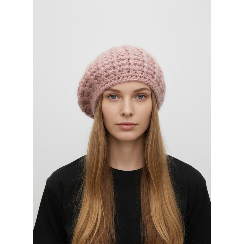 Handmade Pink Mohair Blend Chunky Knit Beret Slouchy Basketweave Beanie Hat